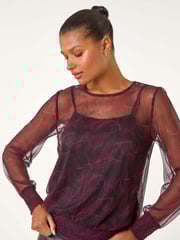 Roman Red Abstract Print Plisse Shirred Hem Top - Image 1 of 6