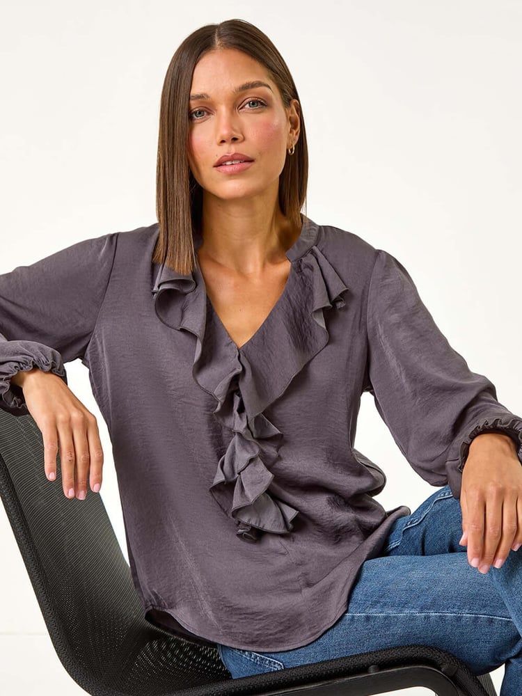 Roman Grey Satin Ruffle Neck Blouse - Image 1 of 5