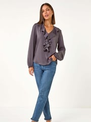 Roman Grey Satin Ruffle Neck Blouse - Image 2 of 5