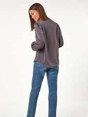 Roman Grey Satin Ruffle Neck Blouse - Image 3 of 5