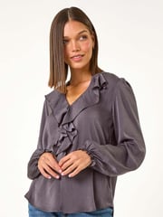 Roman Grey Satin Ruffle Neck Blouse - Image 4 of 5