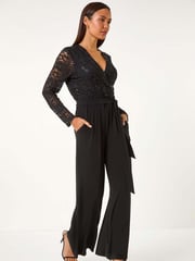 Roman Black Sequin Lace V-Neck Stretch Jumpsuit - Image 1 of 5