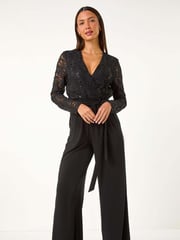 Roman Black Sequin Lace V-Neck Stretch Jumpsuit - Image 2 of 5