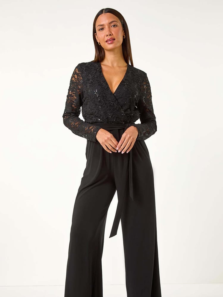 Roman Black Sequin Lace V-Neck Stretch Jumpsuit - Image 2 of 5