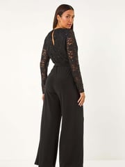 Roman Black Sequin Lace V-Neck Stretch Jumpsuit - Image 3 of 5