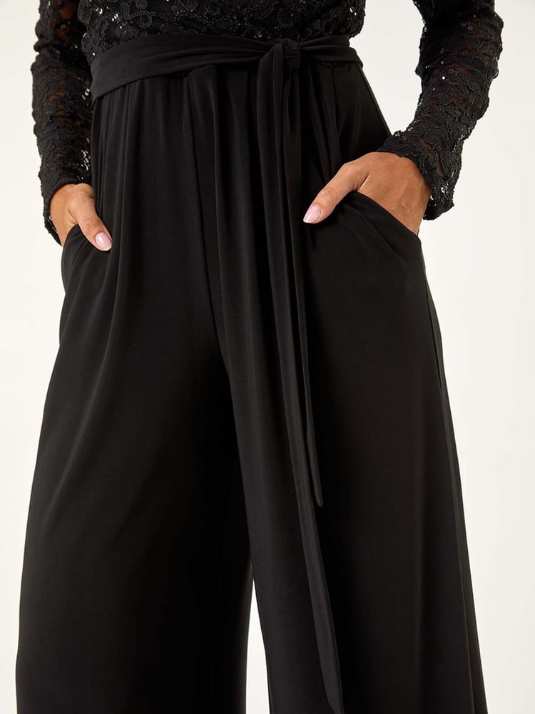 Roman Black Sequin Lace V-Neck Stretch Jumpsuit - Image 5 of 5