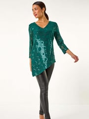 Roman Green Circle Sequin Asymmetric Top - Image 1 of 5
