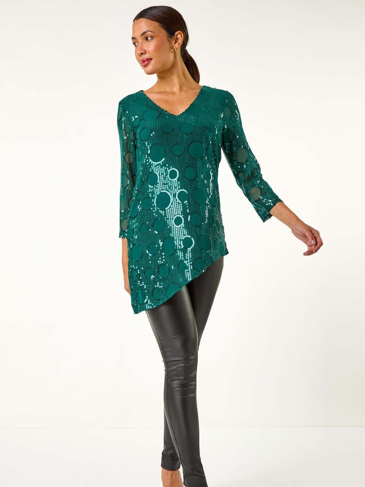 Roman Green Circle Sequin Asymmetric Top - Image 1 of 5