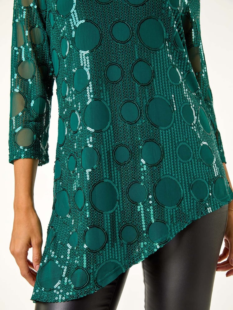 Roman Green Circle Sequin Asymmetric Top - Image 5 of 5