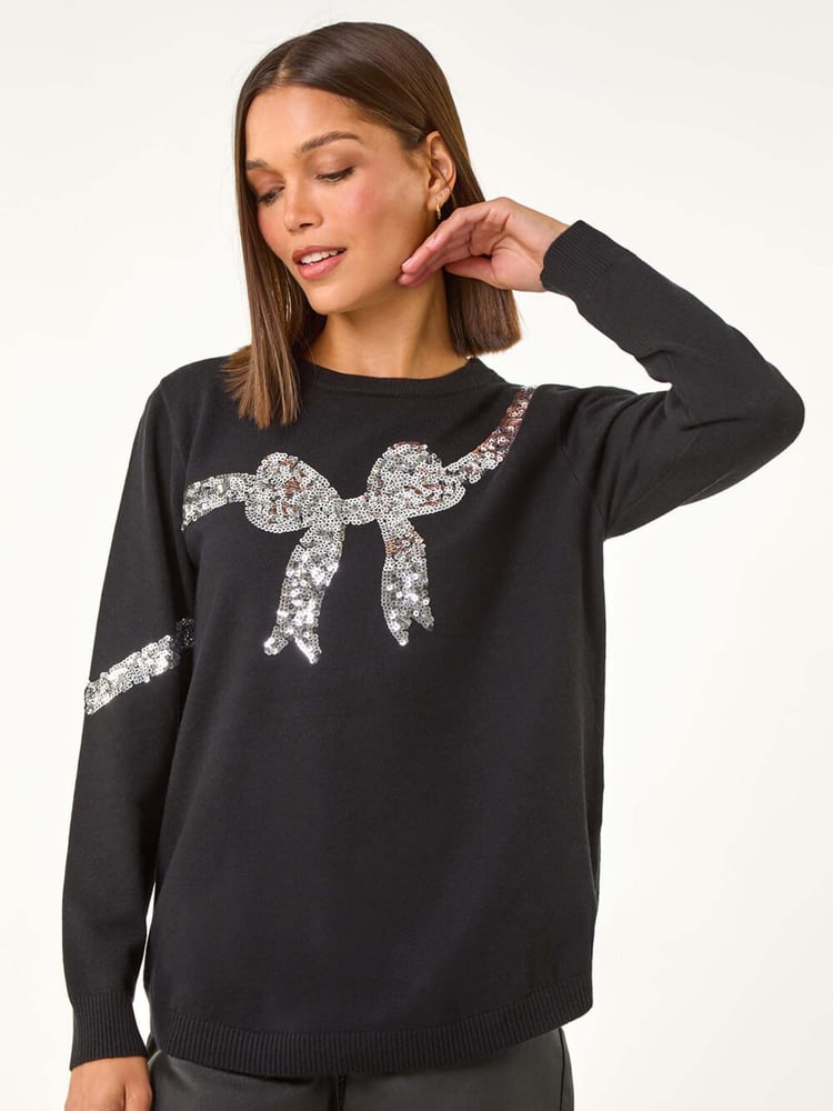 Roman Black Bow Sequin Detail Knit Jumper - Image 1 of 5