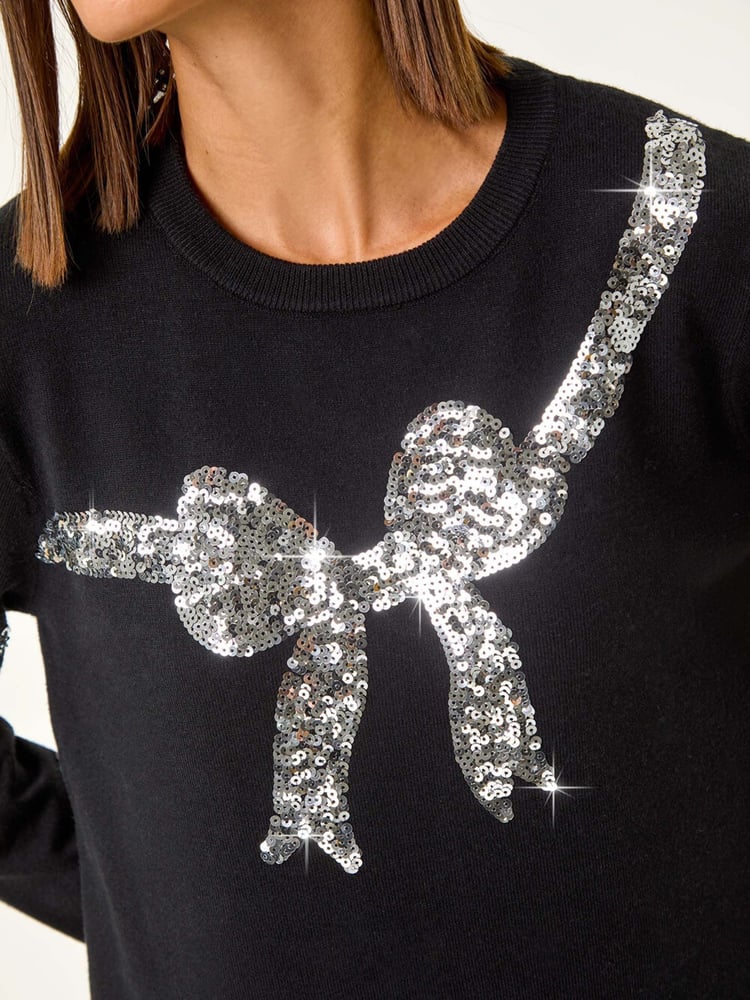 Roman Black Bow Sequin Detail Knit Jumper - Image 5 of 5