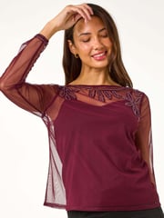 Roman Purple Embelished Sequin Mesh Top - Image 1 of 5