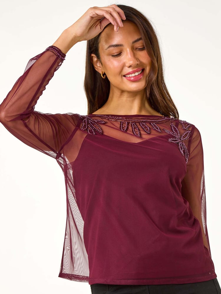 Roman Purple Embelished Sequin Mesh Top - Image 1 of 5