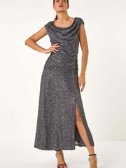 Roman Metallic Sequin Cowl Neck Stretch Maxi Dress - Image 1 of 5