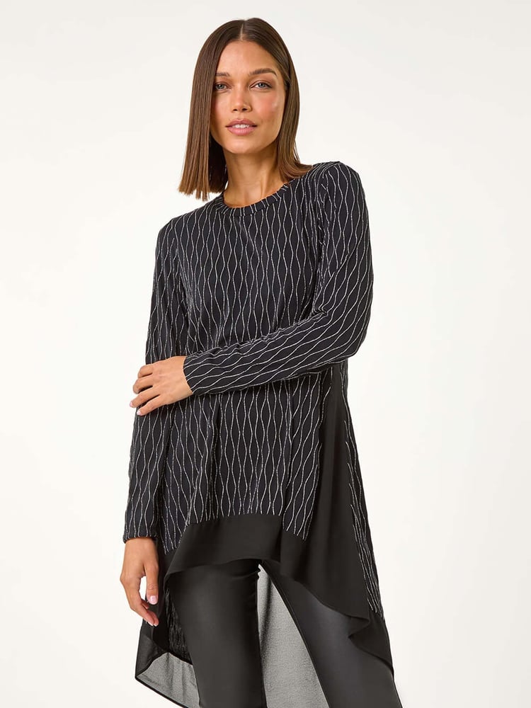 Roman Metallic Print Chiffon Hem Stretch Top - Image 5 of 5