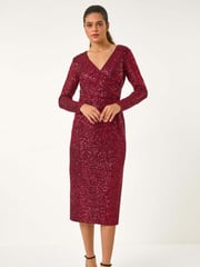 Roman Red Sequin Front Wrap Midi Stretch Dress - Image 1 of 6