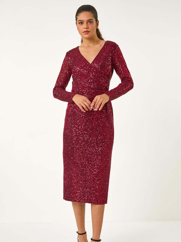 Roman Red Sequin Front Wrap Midi Stretch Dress - Image 1 of 6