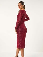 Roman Red Sequin Front Wrap Midi Stretch Dress - Image 3 of 6