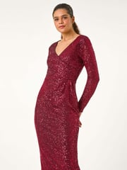 Roman Red Sequin Front Wrap Midi Stretch Dress - Image 4 of 6