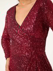 Roman Red Sequin Front Wrap Midi Stretch Dress - Image 6 of 6