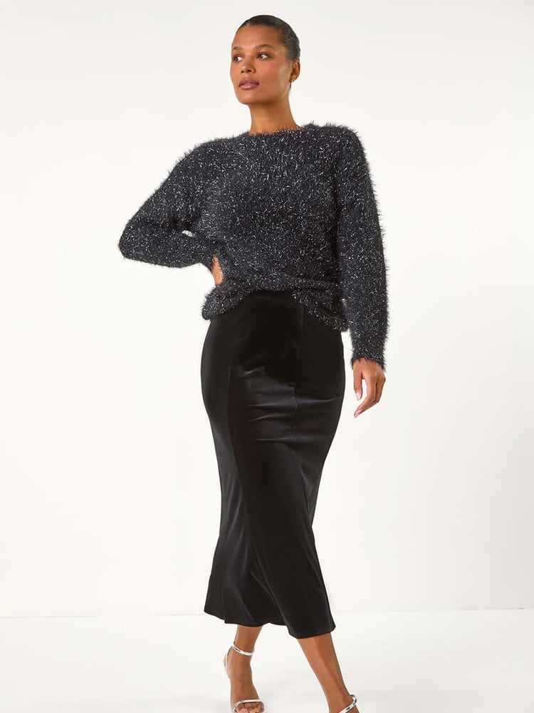 Roman Black Velvet Elastic Waist Tulip A-line Skirt - Image 6 of 6