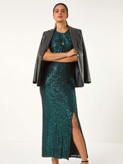 Roman Green Sequin Twist Front Maxi Stretch Dress - Image 1 of 6