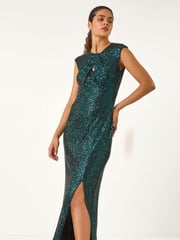 Roman Green Sequin Twist Front Maxi Stretch Dress - Image 3 of 6