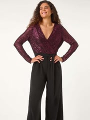 Roman Red Dark Sequin Wrap V-Neck Stretch Jumpsuit - Image 1 of 5
