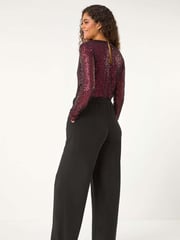 Roman Red Dark Sequin Wrap V-Neck Stretch Jumpsuit - Image 2 of 5