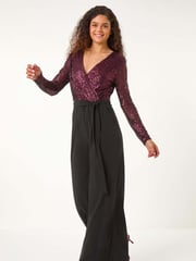 Roman Red Dark Sequin Wrap V-Neck Stretch Jumpsuit - Image 3 of 5