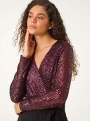 Roman Red Dark Sequin Wrap V-Neck Stretch Jumpsuit - Image 4 of 5