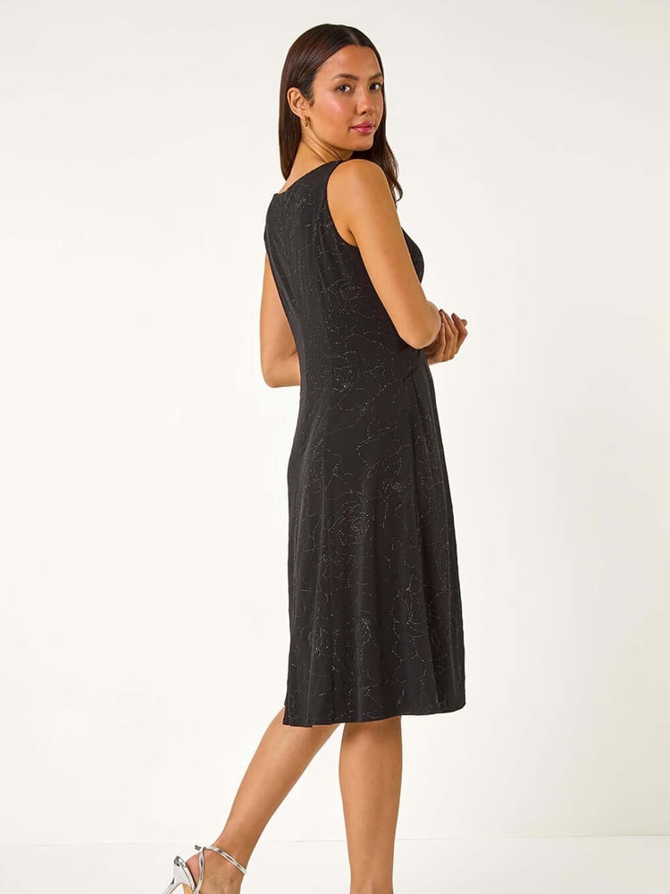 Roman Black Sparkle Floral Stretch Wrap Dress - Image 1 of 6