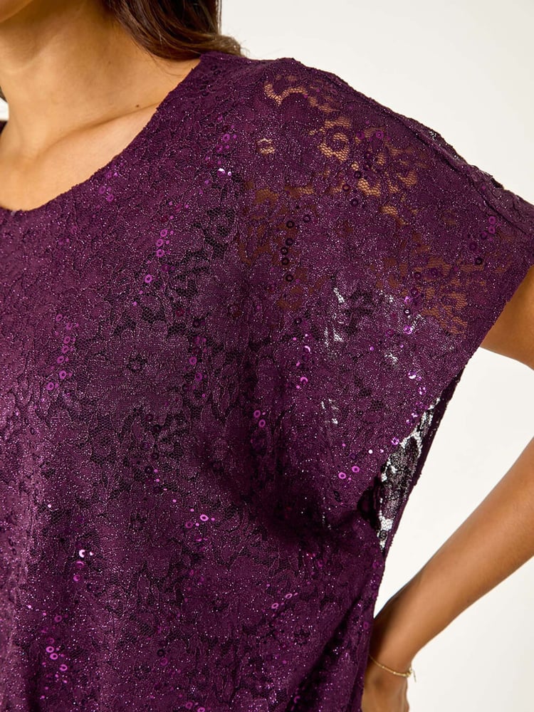 Roman Purple Sequin Lace Stretch Overlay Top - Image 5 of 5