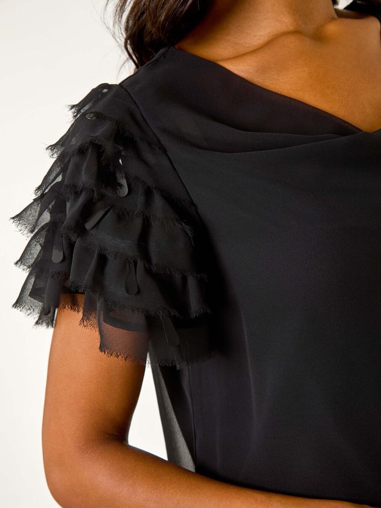 Roman Black Cowl Neck Shoulder Sequin Frill Top - Image 5 of 5