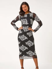 Roman Black Floral Print Lace Mesh Midi Dress - Image 3 of 6