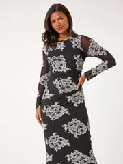 Roman Black Floral Print Lace Mesh Midi Dress - Image 5 of 6