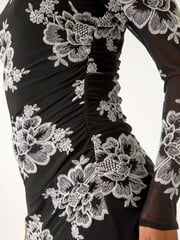 Roman Black Floral Print Lace Mesh Midi Dress - Image 6 of 6