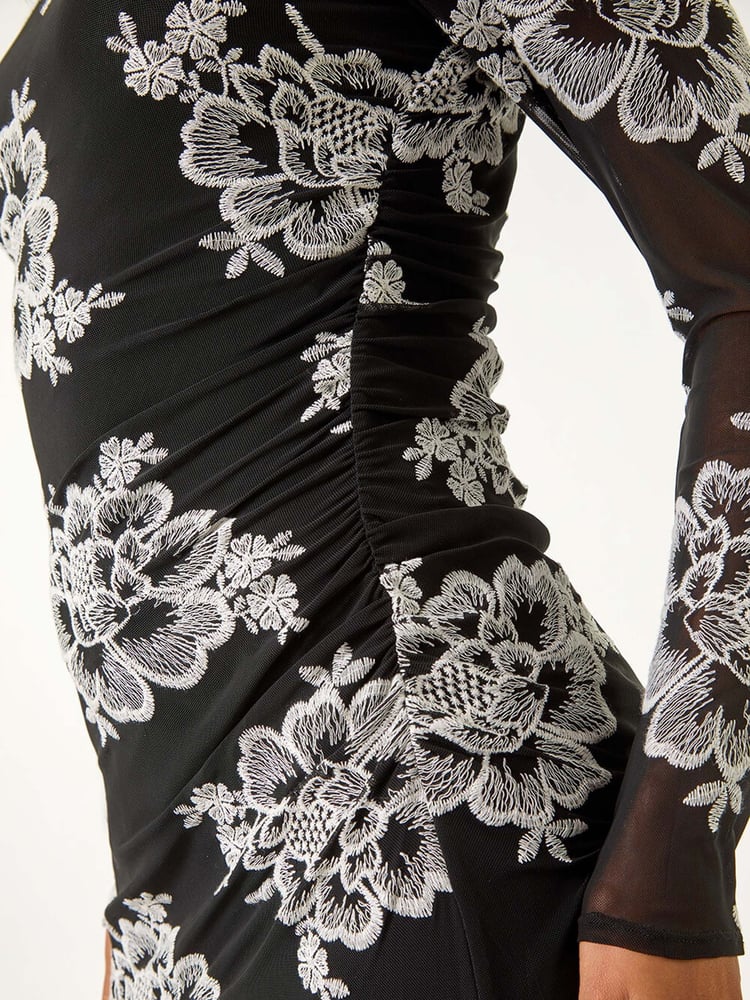 Roman Black Floral Print Lace Mesh Midi Dress - Image 6 of 6