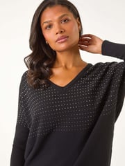 Roman Black Relaxed Hotfix V-Neck Knitted Jumper - Image 1 of 5