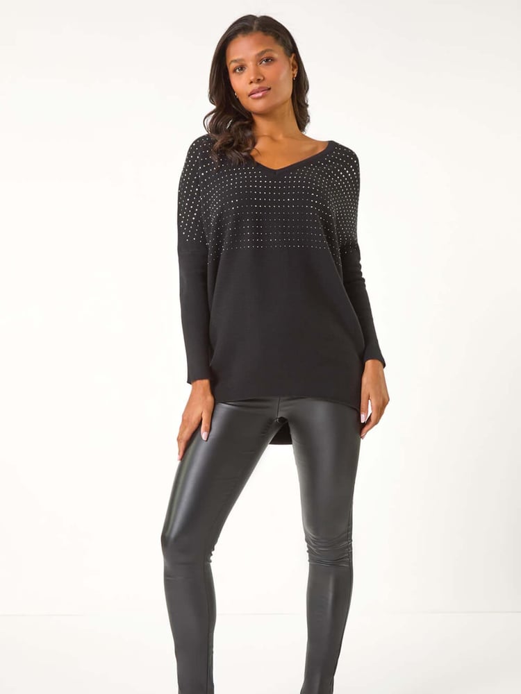 Roman Black Relaxed Hotfix V-Neck Knitted Jumper - Image 2 of 5