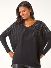 Roman Black Relaxed Hotfix V-Neck Knitted Jumper - Image 4 of 5