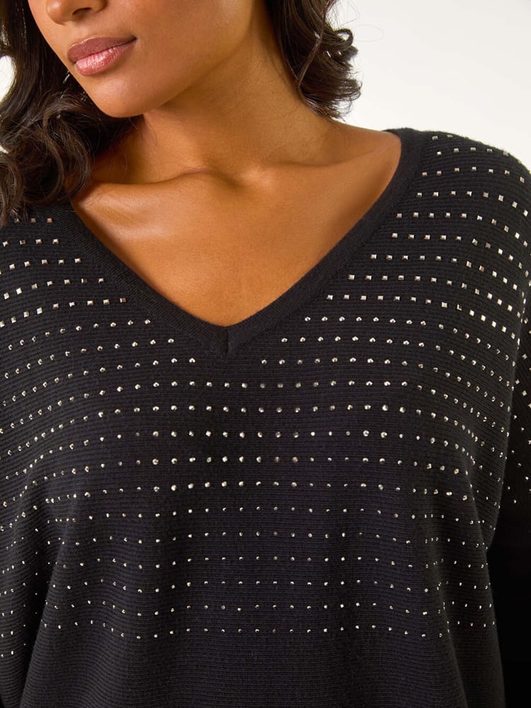 Roman Black Relaxed Hotfix V-Neck Knitted Jumper - Image 5 of 5