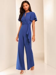 Lipsy Blue Petite Flutter Sleeve Tie Side Wide Leg Jumpsuit - Image 4 of 4