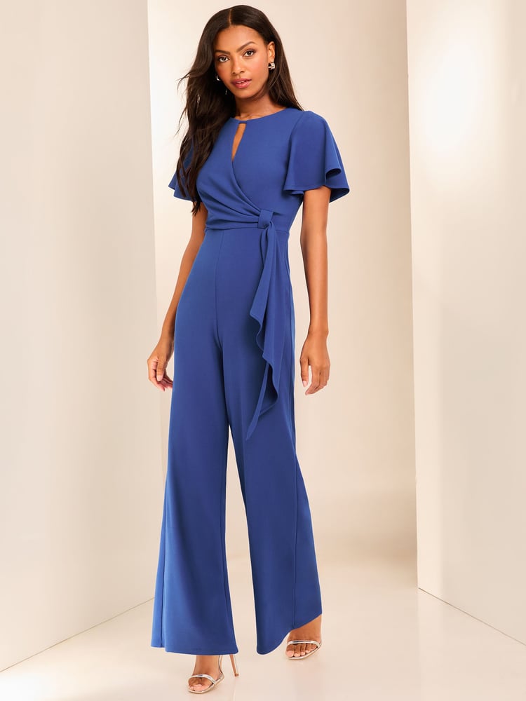 Lipsy Blue Petite Flutter Sleeve Tie Side Wide Leg Jumpsuit - Image 4 of 4