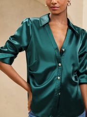 Lipsy Green Ruched Side Satin Button Through Shirt - Image 2 of 2