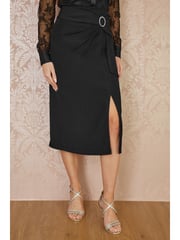 Yumi Black Diamante Buckle Faux Wrap Skirt With Split Hem - Image 2 of 5