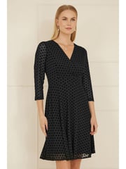 Yumi Black Velour Spot 3/4 Sleeve Wrap Skater Dress - Image 1 of 5