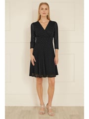 Yumi Black Velour Spot 3/4 Sleeve Wrap Skater Dress - Image 2 of 5