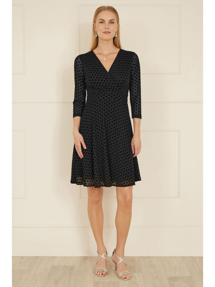 Yumi Black Velour Spot 3/4 Sleeve Wrap Skater Dress - Image 2 of 5
