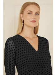Yumi Black Velour Spot 3/4 Sleeve Wrap Skater Dress - Image 3 of 5